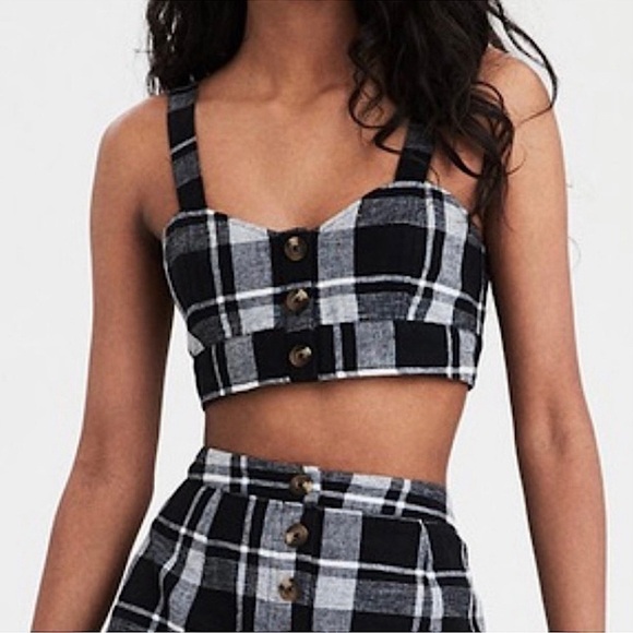 American Eagle Outfitters Tops - American Eagle Linen Black Plaid Crop Top Size S Bustier.